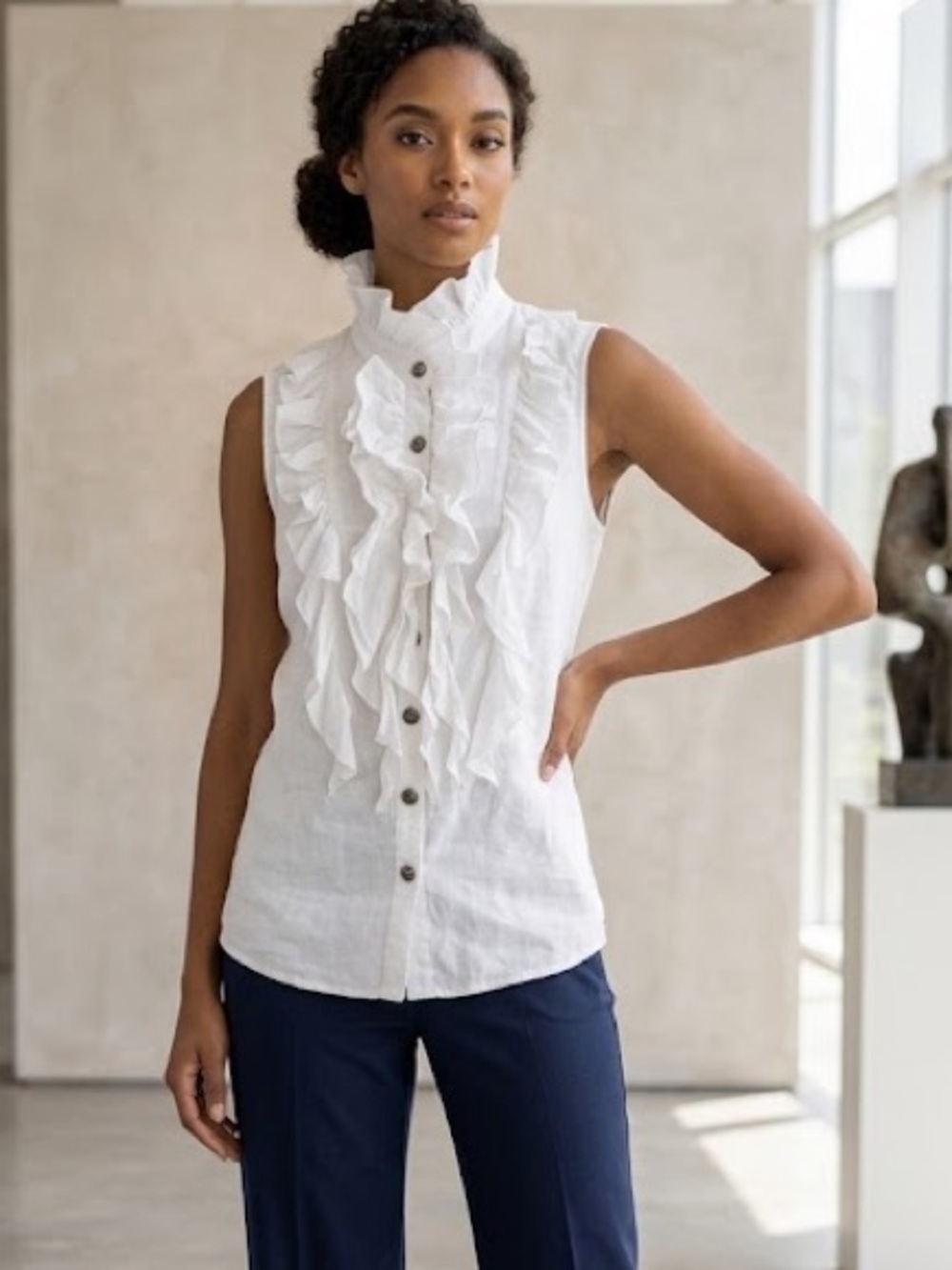 Tasha Polizzi Collection White Sleeveless Ruffle Button-Up Shirt Size XL